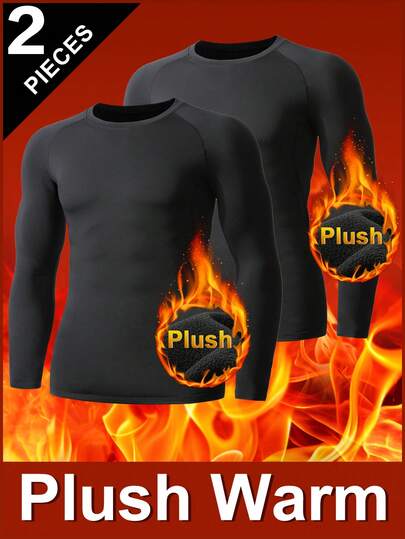 2pcs Men's Thermal Underwear Set, Thermal Lined Crew Neck Long Sleeve Base Layer Tops, Solid Black, Slim Fit, Warm For Autumn/Winter, Suitable For Running, Fitness, Outdoor Sports Like Skiing