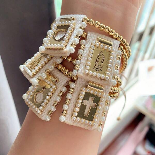 1 Stück, neues geflochtenes Armband mit Religion Kreuz Herz Charm Armband für Frauen, 18 Karat vergoldet Schmuck für Valentinstag, Mutter, Muttertag, Geschenk