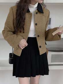 Women's Autumn/Winter Short Contrasting Collar Overcoat - Khaki - View 5