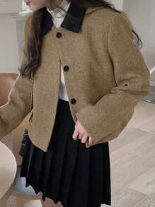Women's Autumn/Winter Short Contrasting Collar Overcoat - Khaki - View 3