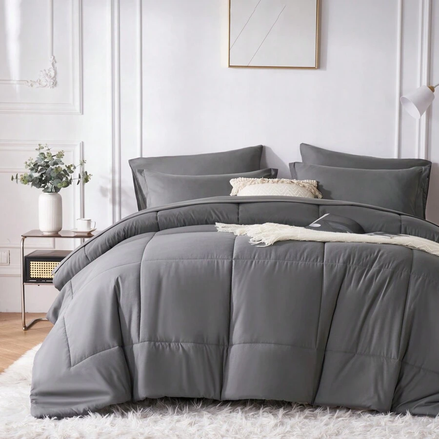 5/7-Piece Solid Colour Checkered Bed Comforter Sets Queen - Soft Microfiber, Lightweight, All-Season, Twin/Full/Queen/King Size Bed In A Bag, Quilt Set With Breathable Fabric And Easy Care,Summer Bedding Set ,Ideal Gift. - 深灰色 - 查看 1