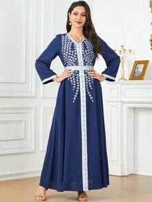Women's Spring/Summer Fashion Embroidery Patchwork Ribbon V-Neck Studded Loose Casual Long Arabic Style Dress With Belt - Navy Blue - View 3