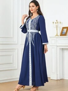 Women's Spring/Summer Fashion Embroidery Patchwork Ribbon V-Neck Studded Loose Casual Long Arabic Style Dress With Belt - Navy Blue - View 5
