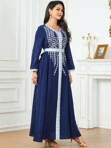 Women's Spring/Summer Fashion Embroidery Patchwork Ribbon V-Neck Studded Loose Casual Long Arabic Style Dress With Belt - Navy Blue - View 6