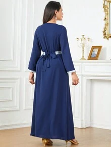 Women's Spring/Summer Fashion Embroidery Patchwork Ribbon V-Neck Studded Loose Casual Long Arabic Style Dress With Belt - Navy Blue - View 2
