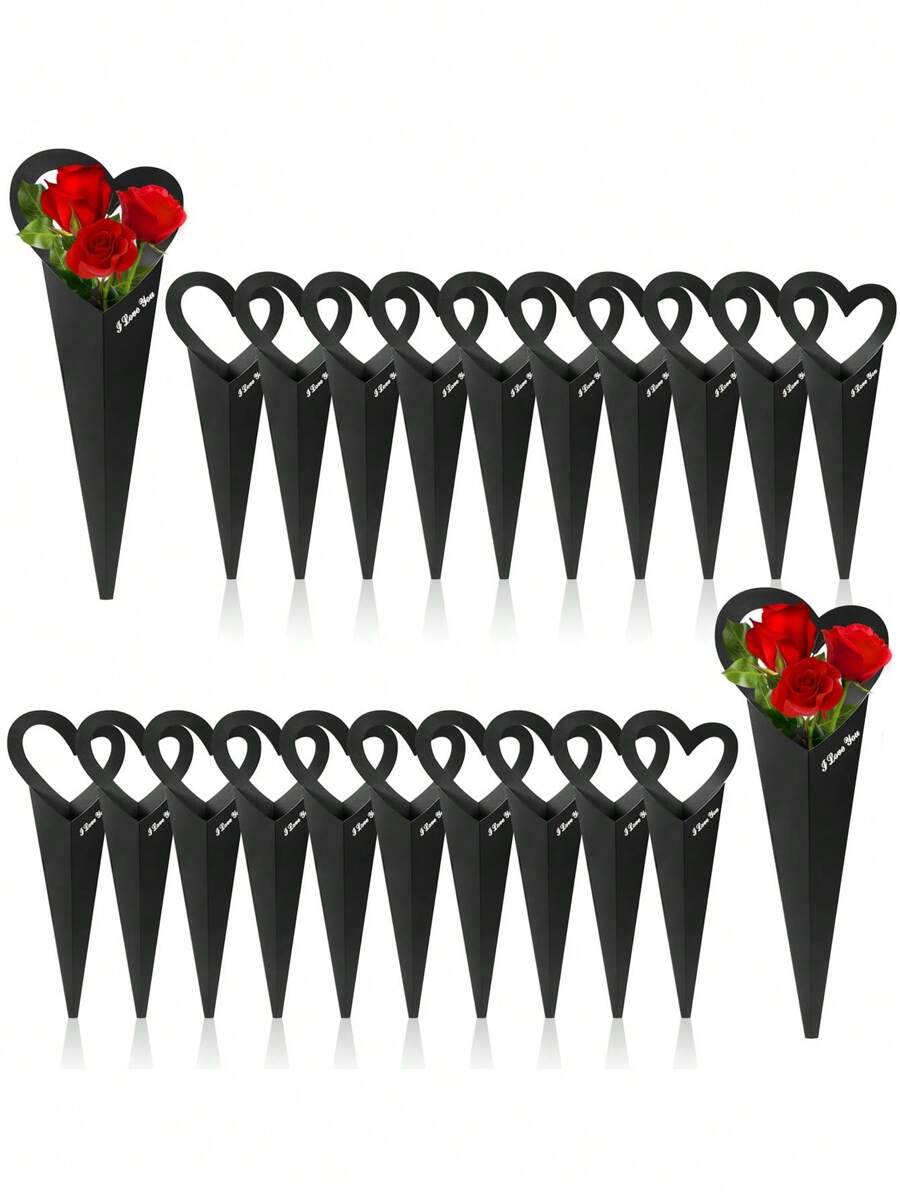 3件/10件-花束袋纸花包装袋单花纸套爱心鲜花包装礼盒适用于情人节婚礼 - 黑色 - 查看 1