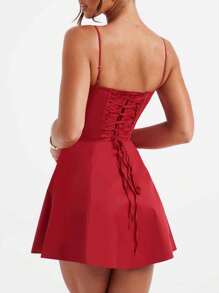 Women Plus Size Summer Mini Cami Dress Solid Color Sleeveless Tie Up Above Knee Party Dress - Đỏ - Xem 6