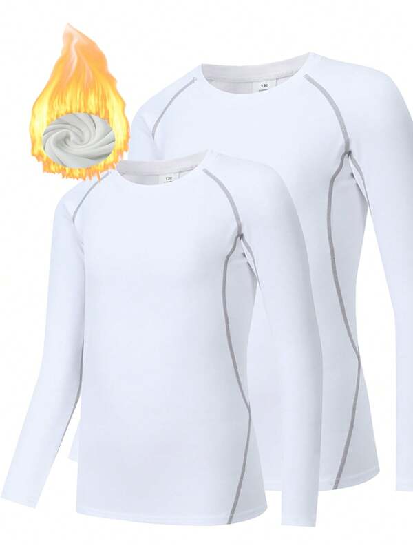 1 Stück weißes Jungen Thermo Oberteil im Linien-Stil mit Rundhalsausschnitt, angenehm zu tragen, geeignet für Outdoor-Sport zum Warmhalten, warmes Oberteil
