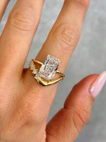 1pc Shiny Geometric Pattern 0.5/1/2/5 Carat Radiant Cut Engagement Ring, Wedding Ring, Women's Promise Ring, Eternity Ring, Elegant Jewelry Gift - Gold - View 3