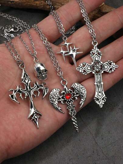 Set de 5 collares con colgantes vintage góticos de cristal de imitación con diseños de cruz con alas, estrella, calavera, estrella fugaz, espada, mariposa y corazón, adecuados para hombres, para uso diario y fiestas de San Valentín