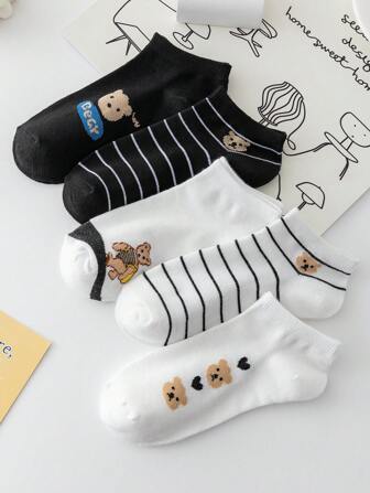 5 双卡通黑白泰迪熊女士短袜