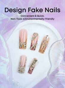 24片Y2K风格粉色长方形美甲贴片，豹纹法式美甲设计，饰有水钻、爱心、手枪、音符和蝴蝶结图案，高光泽全覆盖，适合女性和女孩日常佩戴，也适合派对和约会美甲套装。 - 彩色 - 查看 3