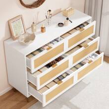 Ataucjin 6 Drawer Double Dresser For Bedroom,Rattan Chest Of Dressers,Farmhouse Wooden Dresser Chest With 5 Metal Legs, Golden Handles,Wide Rattan 6 Drawer Dresser For Bedroom,Living Room - 白色 - 查看 5