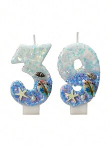 1 pieza Vela de cera con tema de océano en degradado azul con espiral de concha y números digitales del 0 al 9, decoración de tarta con tapa de concha y estrella de mar para cumpleaños