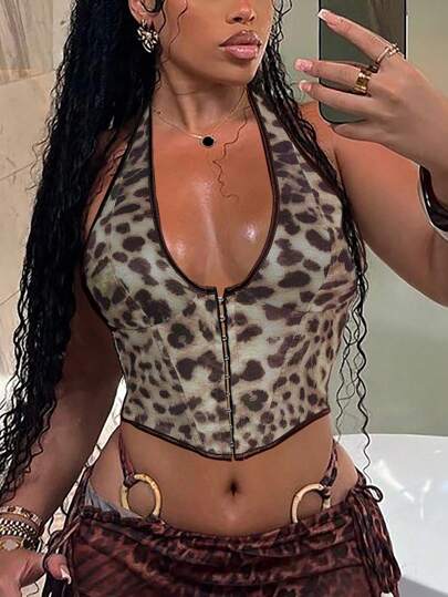 Apperloth A Y2K Vintage Leopard Print V-Neck Boned Grommet Eyelet Front Lace Up Back Halter Corset Shapewear Party Crop Tank Top Edgy Sexy Music Festival