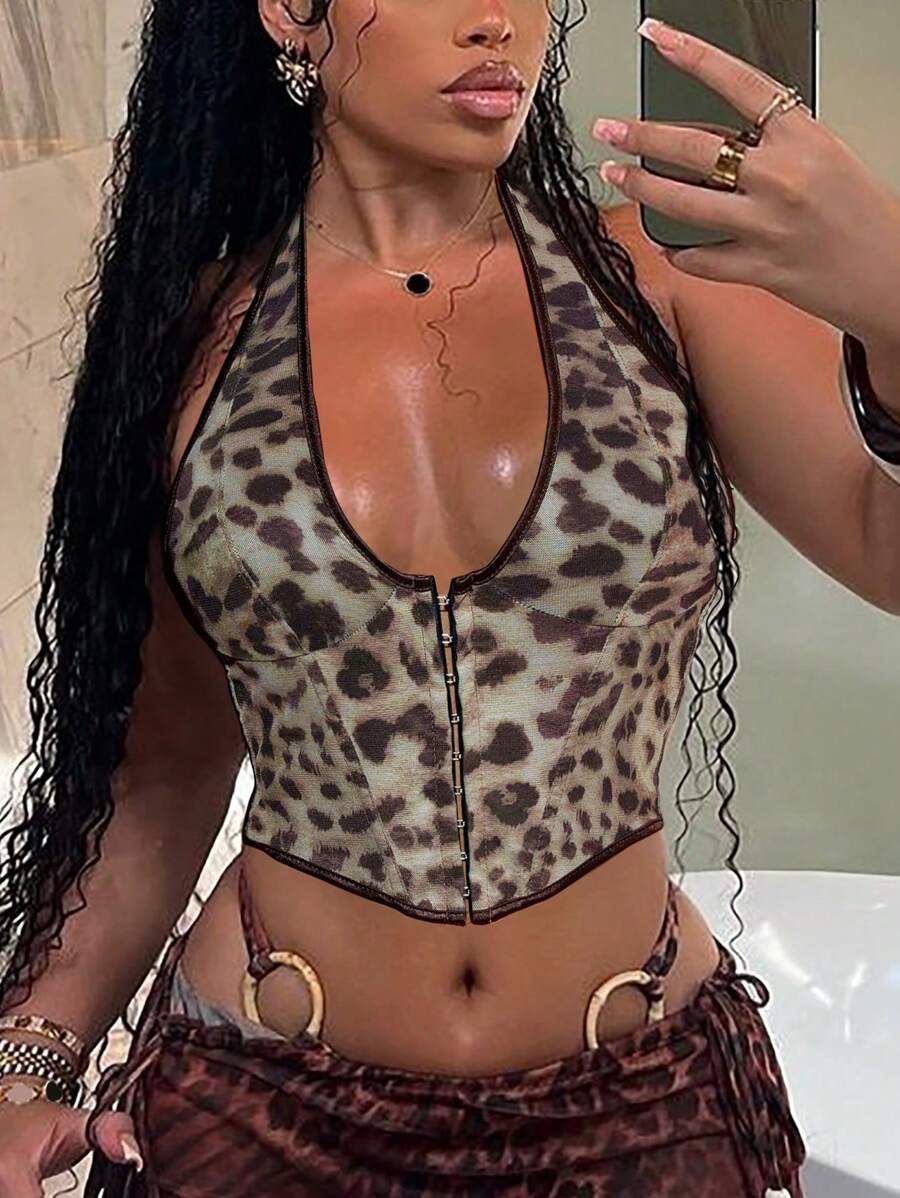 Apperloth A Y2K Vintage Leopard Print V-Neck Boned Grommet Eyelet Front Lace Up Back Halter Corset Shapewear Party Crop Tank Top Edgy Sexy Music Festival - Nhiều màu - Xem 1