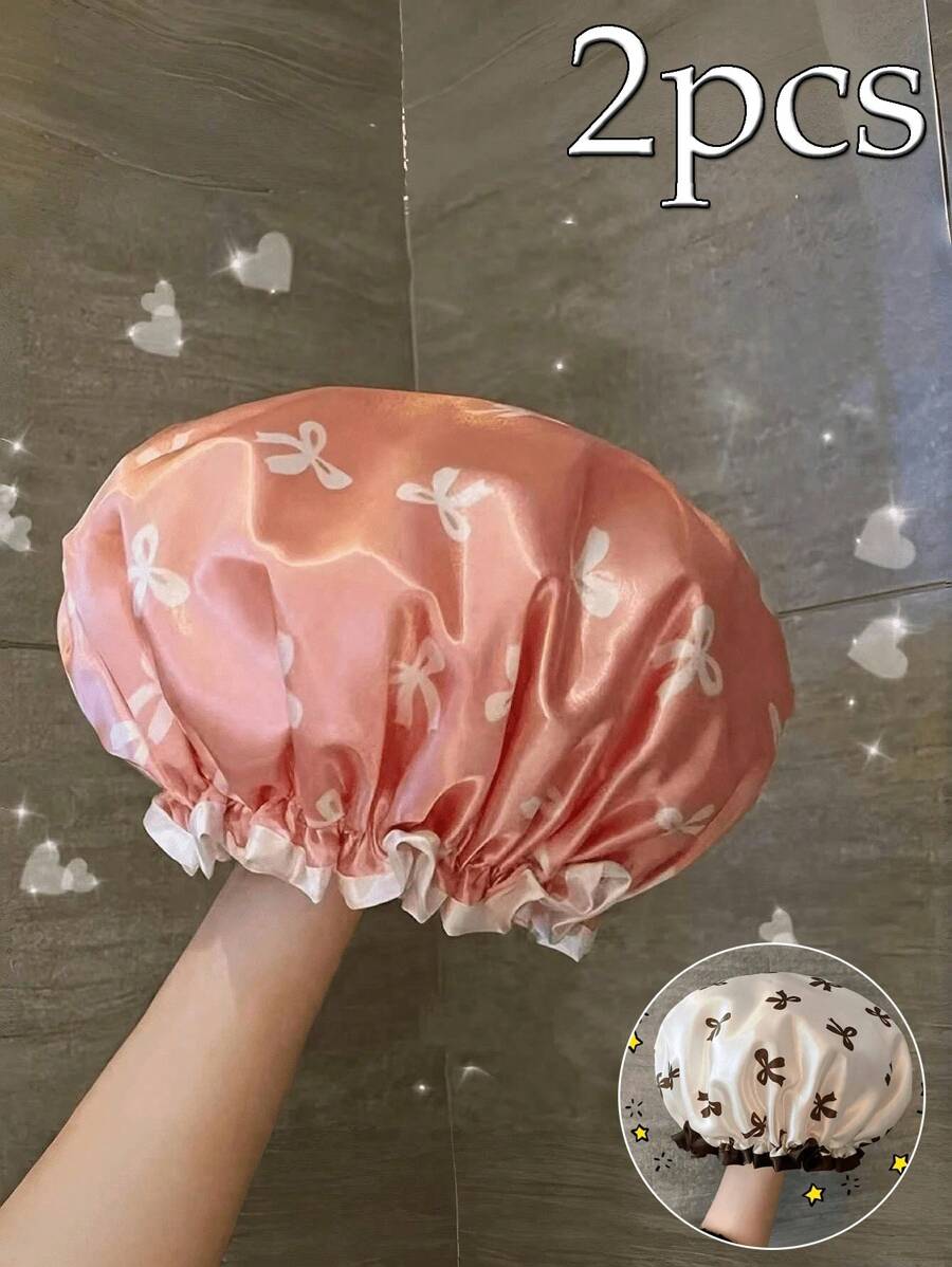 2pcs Waterproof Double-Layer Bow Shower Cap, Elastic Shower Cap, Adult Kitchen Oil-Proof Cap, Bathroom Hair Drying Cap, Elastic And Adjustable, Suitable For Face Washing, Drying Hair, Makeup, Cooking, Shampooing 1pc Home Bathroom Decor Fall Decor Back To School
