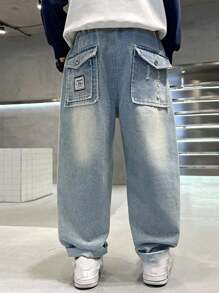 Jeansy vintage dla chłopców w stylu tween boy, proste, z przetarciami, luźny krój, z kieszeniami z patką i zapięciem na guziki, odpowiednie dla nastolatków w wieku 8-14 lat i starszych dzieci do noszenia na co dzień