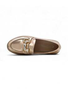 Sapatos Oxford Loafer de Sola Grossa com Decoração Simples de Strass Feminino, Estilo Britânico Brilhante - Champagne - Ver 2