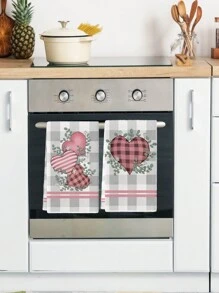 4 Pieces Valentine's Day Kitchen Towel Set, Watercolor Pink, Gray & White Buffalo Plaid, Heart & Eucalyptus Leaf Patterns, Farmhouse Style Dish Cloths, Suitable For Winter Seasonal Kitchen & Bathroom Decor - Pink - View 4