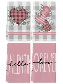 4 Pieces Valentine's Day Kitchen Towel Set, Watercolor Pink, Gray & White Buffalo Plaid, Heart & Eucalyptus Leaf Patterns, Farmhouse Style Dish Cloths, Suitable For Winter Seasonal Kitchen & Bathroom Decor - Pink - View 1