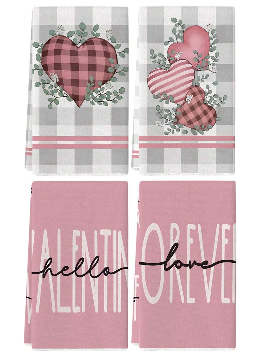 4 Pieces Valentine's Day Kitchen Towel Set, Watercolor Pink, Gray & White Buffalo Plaid, Heart & Eucalyptus Leaf Patterns, Farmhouse Style Dish Cloths, Suitable For Winter Seasonal Kitchen & Bathroom Decor - Pink - View 1