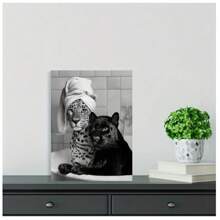 1pc Adorable Leopard And Panther Cubs In Bathtub Printable Art, Black And White Vintage Canvas Painting Wall Art Prints Poster Wall Picture Decor For Home Gifts, Living Room, Bathroom, Bedroom, Kitchen Unframed