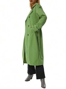 Women's Double Breasted Long Trench Coat Lapel Solid Color Windbreaker Jacket - Army Green - View 7