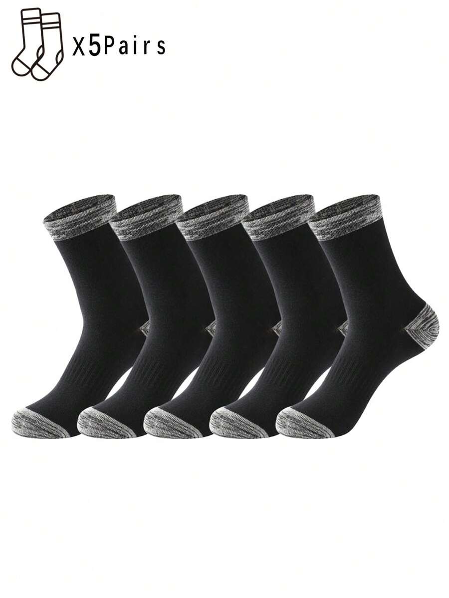 5prs Men's Solid Black Breathable Sweat-Absorbent Sports Basketball Socks For Autumn/Winter - Black - View 1