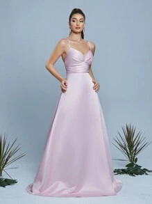 Spaghetti Strap High Slit Dress, Bridesmaid Dress - Dusty Pink - View 4