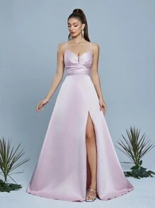 Spaghetti Strap High Slit Dress, Bridesmaid Dress - Dusty Pink - View 6