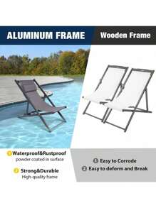 LUCKYERMORE Set Of 2 Folding Lounge Chairs Outdoor Adjustable Beach Chairs With Headrest Reclining Chairs Waterproof Pool