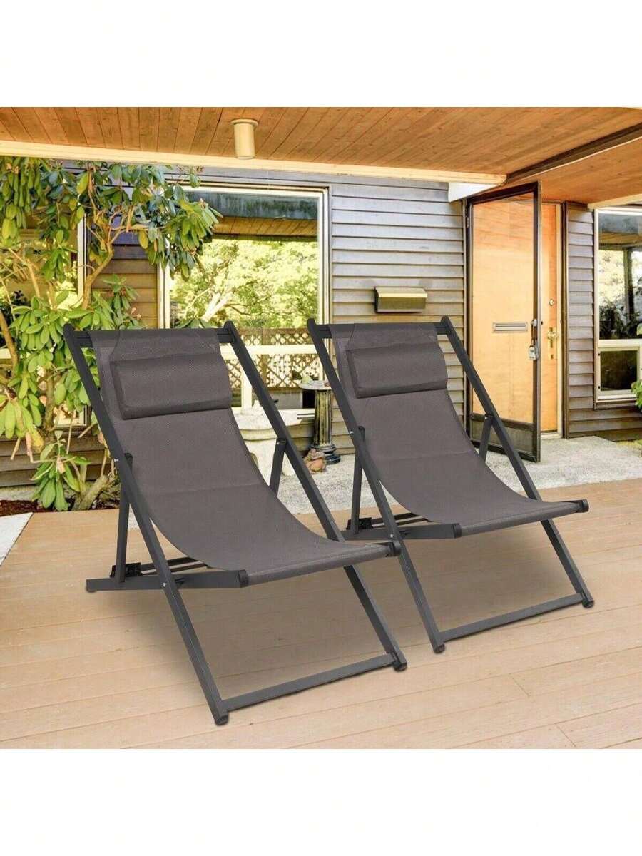 LUCKYERMORE Set Of 2 Folding Lounge Chairs Outdoor Adjustable Beach Chairs With Headrest Reclining Chairs Waterproof Pool