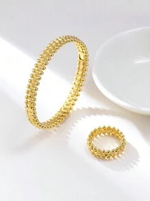 1 Set Of 2 Copper Bracelets & Rings Plated With 14K Gold And Cubic Zirconia, Suitable For Women Daily Wear