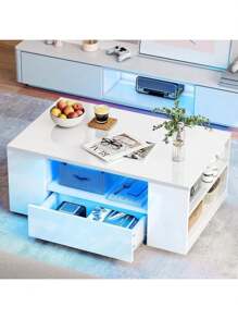 OYAJIA Couchtisch mit Stauraum, Weiß Couchtisch mit LED Lichtern, Couchtisch für Wohnzimmer Rechteckiger Mitteltisch mit 2 Schubladen und 6 offenen Regalen, Home Office Möbel