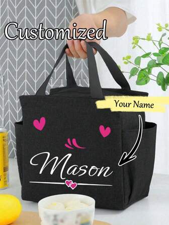 1 pezzo Borsa termica da pranzo personalizzata con nome e stampa a forma di cuore, con due tasche, grande capacità, adatta per studenti, con fodera in alluminio spessa e isolata