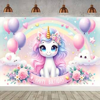 1pc Charming & Attractive Pink Unicorn Birthday Backdrop, Made Of Polyester Fabric, No Power Needed, Suitable For Outdoor Celebrations And Magic Decor