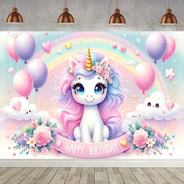 1 pieza Encantador y atractivo telón de fondo de unicornio rosa para cumpleaños, hecho de tela de poliéster, sin necesidad de electricidad, adecuado para celebraciones al aire libre y decoración mágica
