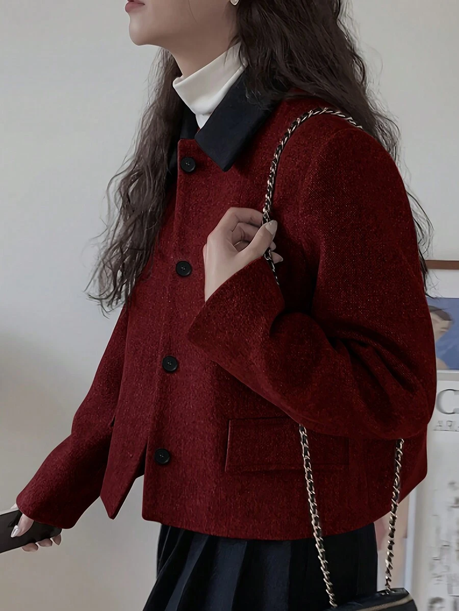 Women's Short Length Contrast Color Collar Jacket, Autumn/Winter - Burgundy - View 1