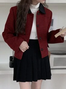 Women's Short Length Contrast Color Collar Jacket, Autumn/Winter - Burgundy - View 5
