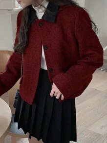 Women's Short Length Contrast Color Collar Jacket, Autumn/Winter - Burgundy - View 3