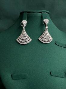 2 件时尚优雅扇形设计合金微镶嵌 3A 方晶锆石项链和耳环首饰套装，适合女性日常、晚会、婚纱配饰、约会、礼物 - 金色 - 查看 8