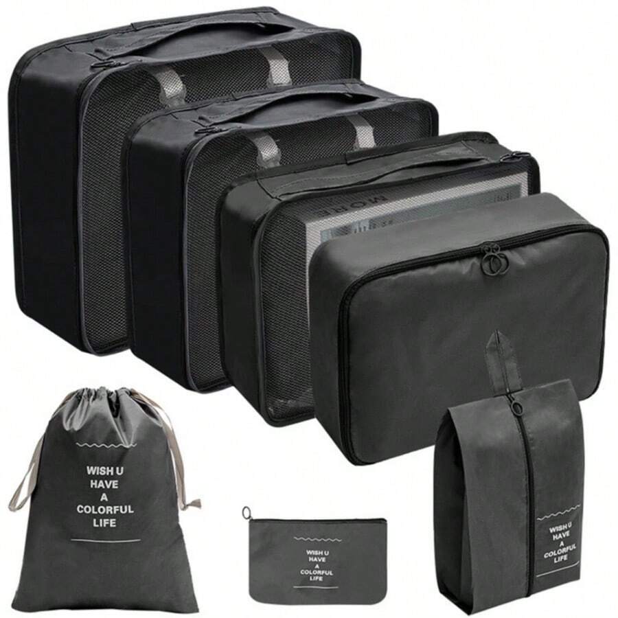7 Pieces Travel Organizer Storage Bags Suitcase Portable Packing Luggage Clothes Shoes Bag - màu đen - Xem 1