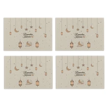 4pcs Moon Lantern & Star Patterned Placemats, Modern Linen-Like Non-Slip Heat Resistant Table Mats For Eid, Holiday Themes, Parties, Outdoor Dining, Restaurants, Kitchens, Islamic Homes