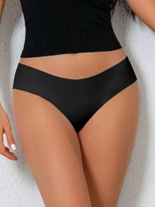 5 chiếc/gói Quần lót bikini gợi cảm không đường may, viền bèo nhún, thoải mái, thoáng khí, màu trơn, đồ lót thiết yếu mặc hàng ngày cho phụ nữ - màu đen - Xem 8