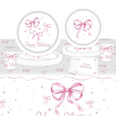 10 件生日派对装饰套装包括粉色蝴蝶结餐巾、盘子、桌布，适合女孩的生日派对