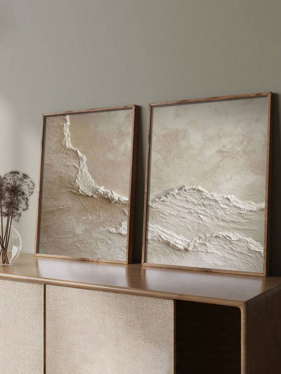 2pcs/Set Ocean Wave Canvas Art Set, Beige Textured Abstract Wall Decor For Living Room, Bedroom, Office, Dining & Bathroom - Frameless Home Decoration