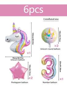 6pcs Unicorn Theme Gradient Color 32-Inch Foil Balloons Set, Including 0-9 Numbers, For Birthday Party Decoration, Back To School Valentine Day - Multicolor - View 3