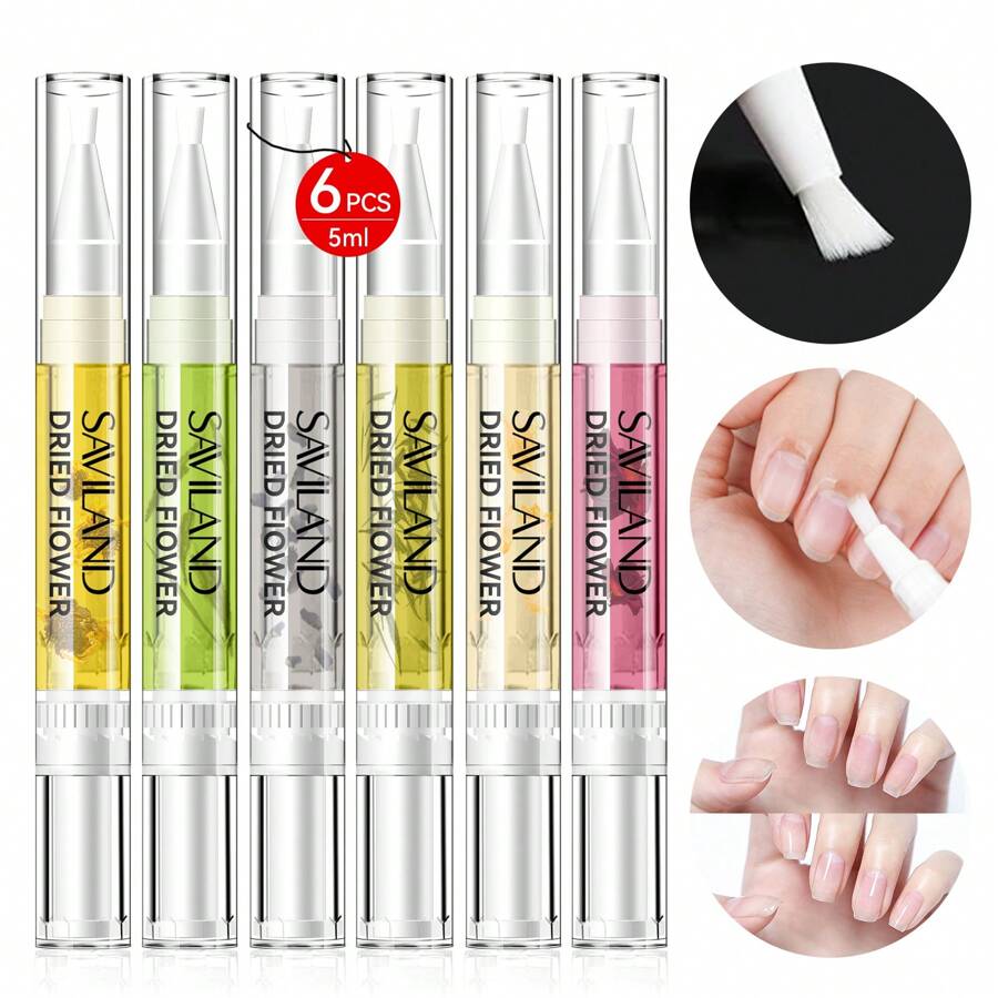 SAVILAND 6 bolígrafos de aceite para uñas de 0.2 fl oz: bolígrafo de aceite para el cuidado de las uñas de flores secas, bolígrafo de aceite para cutículas de uñas a base de hierbas, bolígrafo de aceite para cutículas florales para el cuidado de las uñas, reparación de cutículas nutridas, roturas débiles, uñas finas
