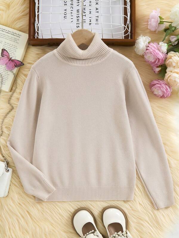 1pc Tween Boy Turtleneck Solid Color Sweater Top, Unisex Tween Pullover Knit Shirt, Apricot